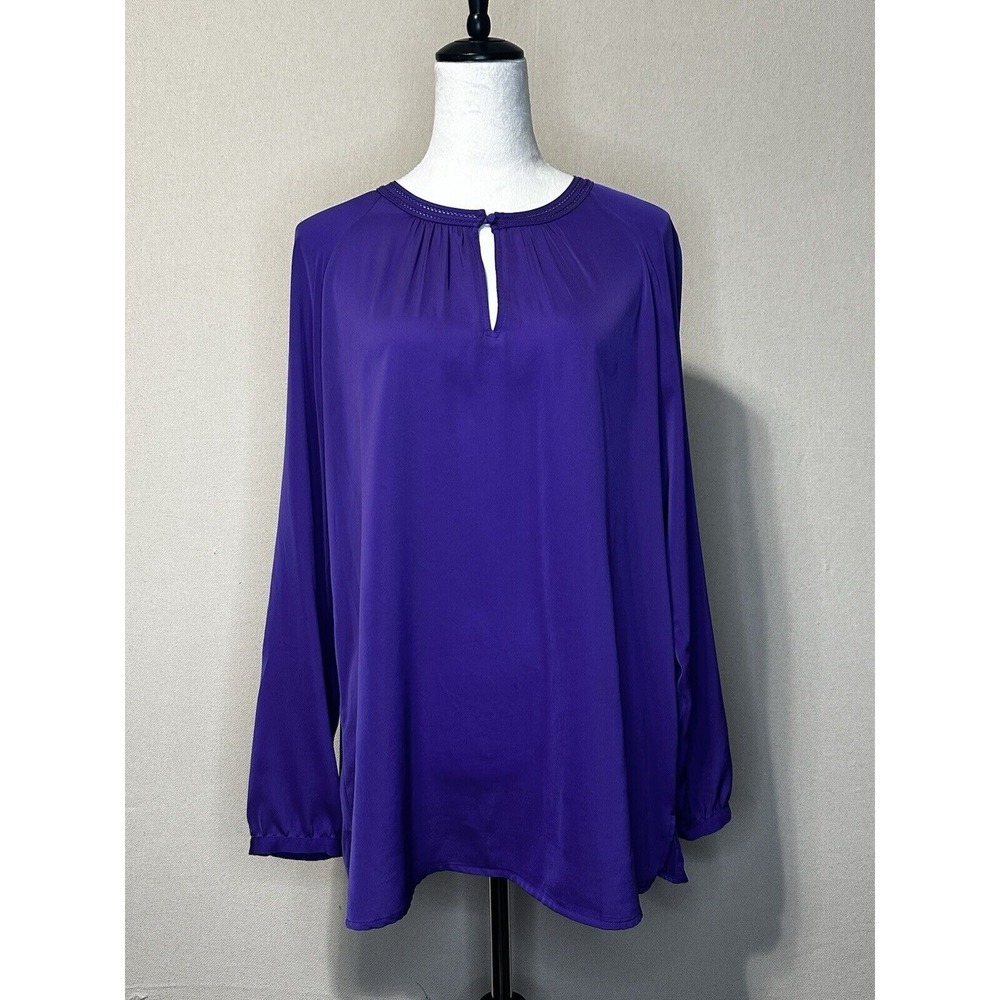 Lauren Ralph Lauren Women Blouse L Purple Keyhole Ladder Stitch Long Sleeve
